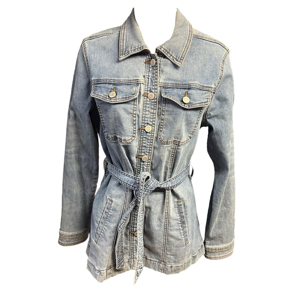 Maurice's Jean Jacket Belted Blue Denim Pockets Button Down All Seasons Stretch